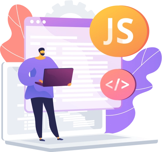 Conceptual graphic design of a human holding a laptop in hand describing express js technology