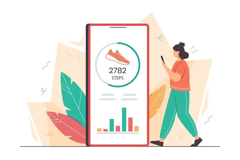 A women tracking the steps walked with a calorie counting app