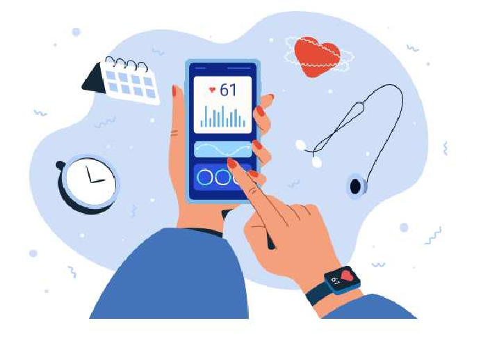 A Clock, Calendar, stethoscope, Heart Icon and a mobile app showing electronic health record