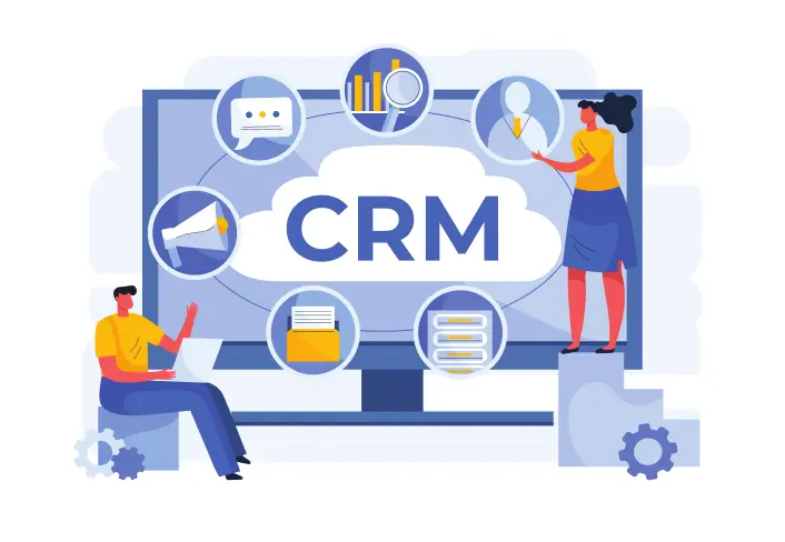 2 persons and a display screen explaining CRM development