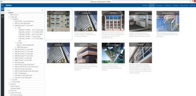 A software application showing left tree menu with name of framing systems. On right it shows pictures of curtain wall, Entrances, Interior Framing and Storefront Framing.