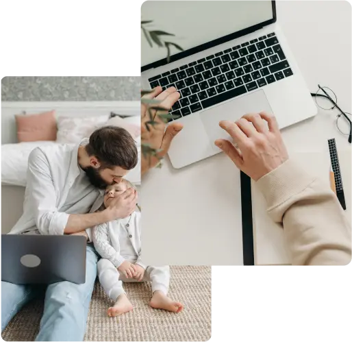 A father taking care of his kid while working on a laptop